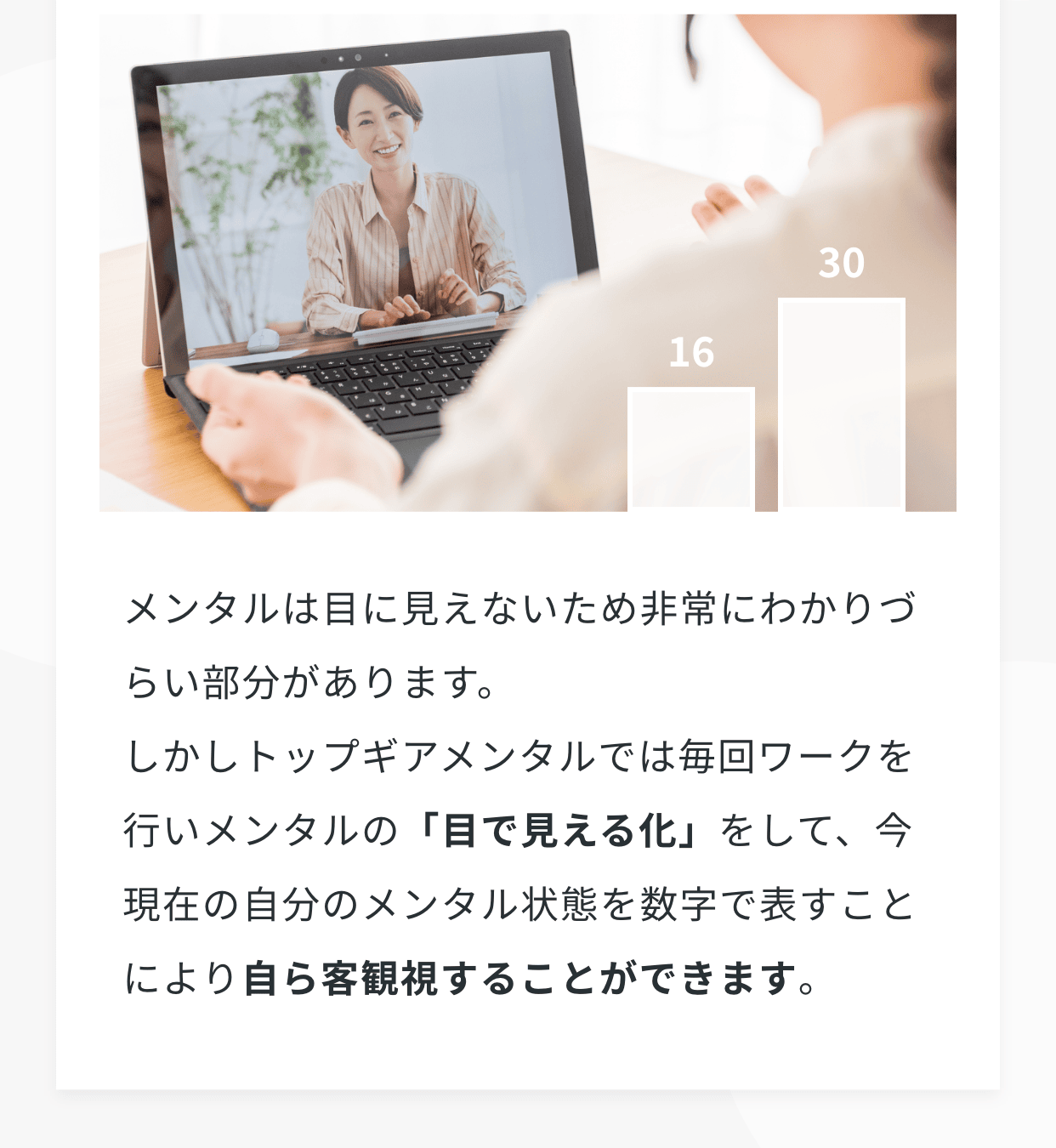 メンタルは目に見えないため非常にわかりづらい部分があります。しかしトップギアメンタルでは毎回ワークを行いメンタルの「目で見える化」をして、今現在の自分のメンタル状態を数字で表すことにより自ら客観視することができます。